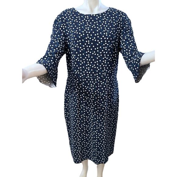 Boden Delia Dress 12R White Blue Polka Dot Flared Sleeve 3/4 Size 12R - Picture 2 of 10